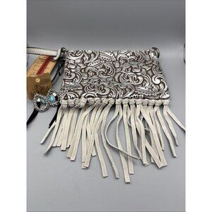 Justin Convertible Bag Wristlet & Earrings Brown White Embossed Fringe Western